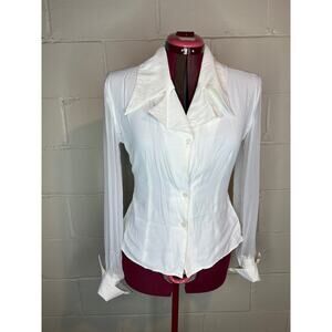 blouse button front sheer sleeves oversized collar